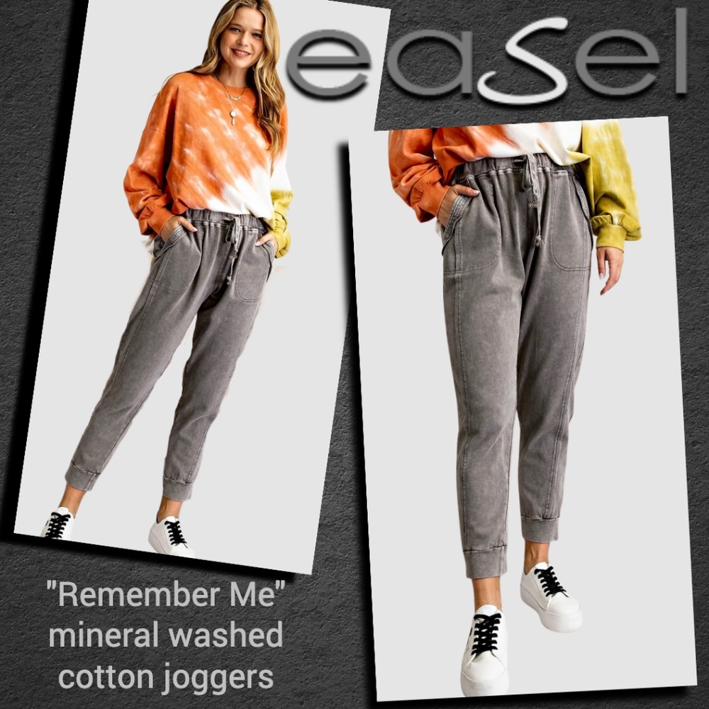 EASEL "Remember Me" Cozy Loose Fit Mineral Washed Cotton Knit Jogger Style Pants